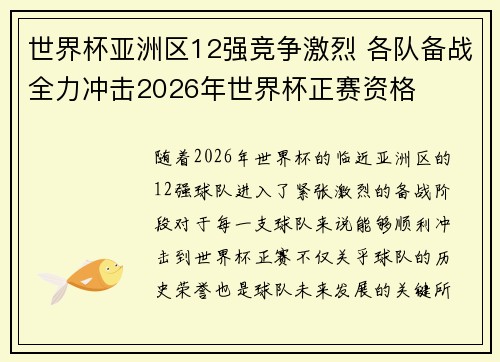 世界杯亚洲区12强竞争激烈 各队备战全力冲击2026年世界杯正赛资格